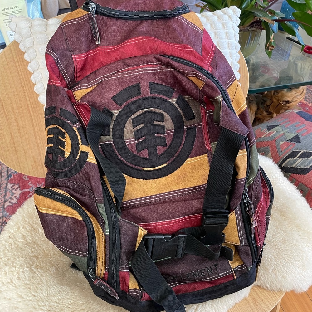 Element Striped Canvas Backpack in Burgundy, Mustard and Brown
